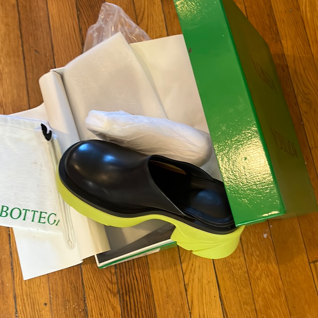 Black Leather And Green Rubber Mules. Sz 40 New